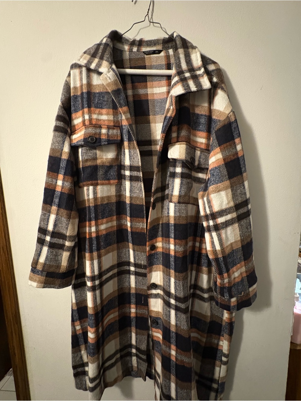 Plaid Long Wool-Blend Shacket Coat - Navy, Cream & Brown